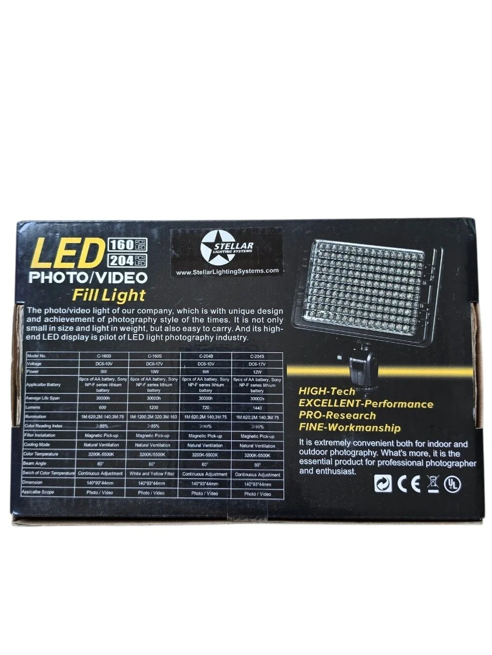 Stellar Lighting Systems PT-C-204B Premium LED Photo & Video Fill Light - New